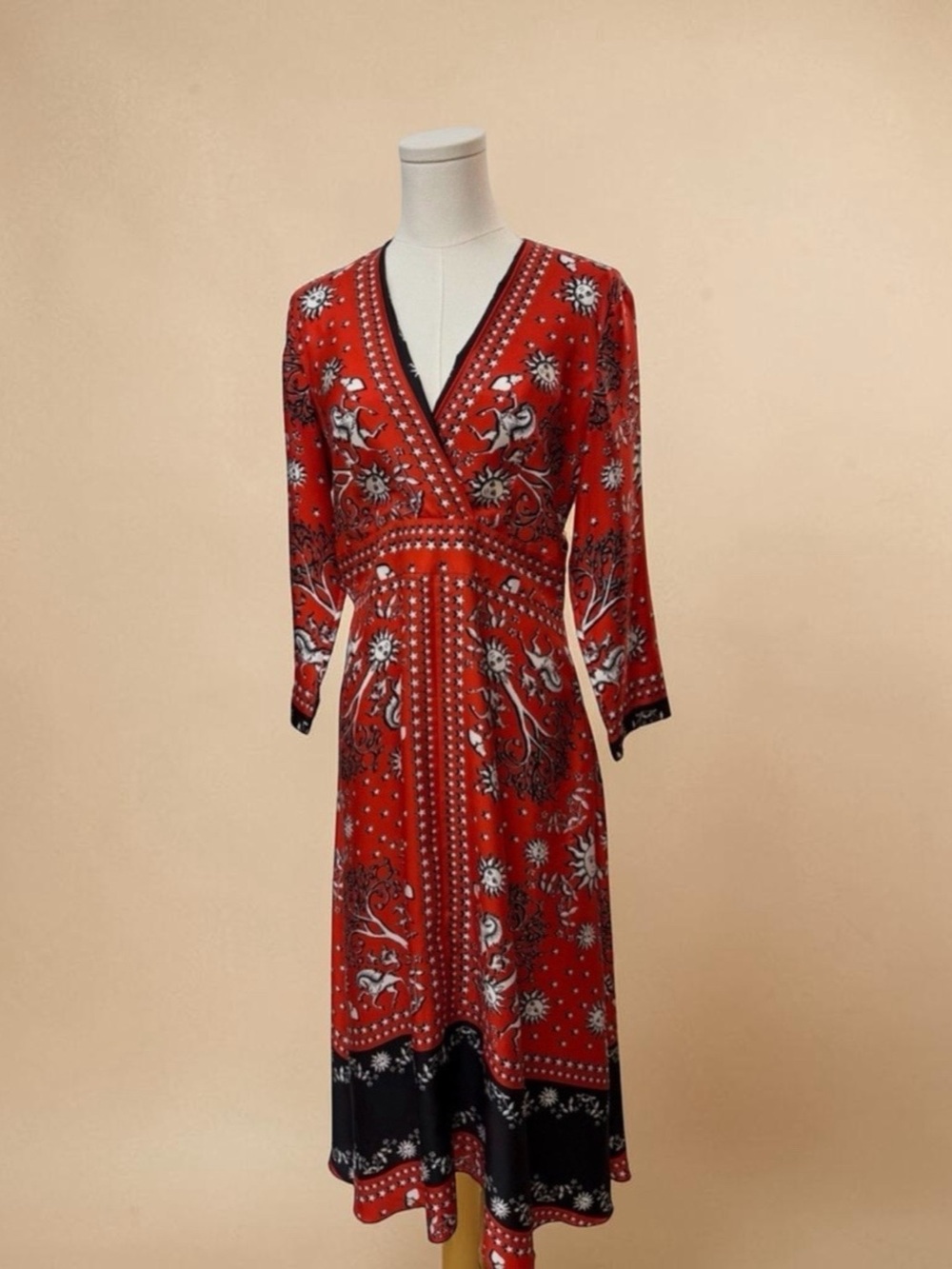 Sandro Paris Red Black 100% Silk Printed V-Neck Midi Dress FR 38